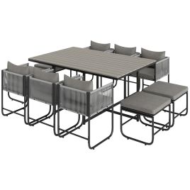 SUNVISTA 10-Seater Rattan Cube Dining Set, Outdoor Furniture with Cushions & Wood Grain Table, Grey