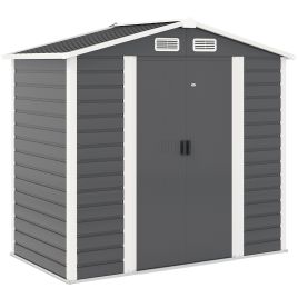SUNVISTA 7x4ft Garden Shed with Lockable Double Doors, Galvanised Steel Frame, Vents & Gloves, Outdoor Storage, Dark Grey