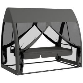 3 Seater Swing Chair 2 in 1 Garden Swing Seat Bed Convertible Outdoor Rocking Bench Bed with Water-Resistant Roof, Zipped Door and Mosquito Netting, Grey