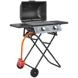 SUNVISTA Foldable 2 Burner Gas BBQ Grill with Side Tables, Thermometer & Wheels, Black
