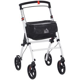 HERON Folding Upright Rollator Walker with Lightweight Walking Frame, Storage Bag, Tray, Dual Brakes, White