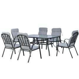 7Pieces Garden Dining Set, Outdoor Dining Table and 6 Cushioned Armchairs, Tempered Glass Top Table w/ Umbrella Hole, Texteline Seats, Black
