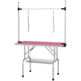 PAWSTER 42" Dog Grooming Table, Adjustable Pet Cat Drying Beauty Table with 2 Loops Storage Basket, Rubber Top, Pink