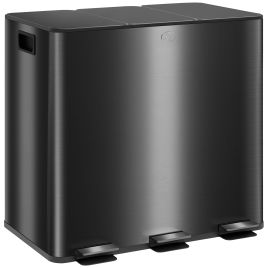 HERON 3 x 15L Pedal Bin, Steel Triple Kitchen Bin with Soft Close Lid, Removable Inner Buckets, Fingerprint-Proof, Black