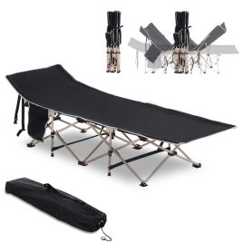 Single Person Camping Folding Cot Outdoor Patio Portable Military Sleeping Bed Travel Guest Leisure Fishing with Side Pocket, Black