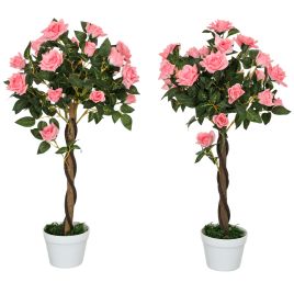 SUNVISTA Set of 2 Artificial Plants Pink Rose Floral in Pot, Fake Plants for Home Indoor Outdoor Decor, 90cm