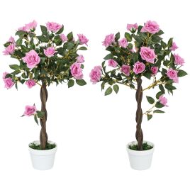 SUNVISTA Set of 2 Artificial Plants White Rose Floral in Pot, Fake Plants for Home Indoor Outdoor Decor, 90cm, Purple