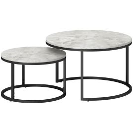 2 Pcs Stacking Coffee Table Set w/ Steel Frame Marble-Effect Top Foot Pads Nest of Tables Storage Display Black/Grey