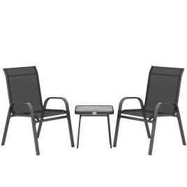 3 Pieces Outdoot Bistro Set, Patio Stackable Armchairs with Breathable Mesh Fabric and PSC Board Coffee Table, Black