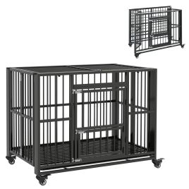 43" Heavy Duty Dog Crate, Foldable Dog Cage, with Openable Top, Locks, Removable Tray, Wheels - Black