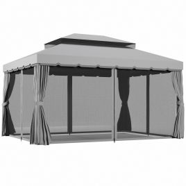 SUNVISTA 3 x 4m Aluminium Garden Gazebo, Marquee Canopy Shelter Pavilion Party Tent with Nets and Curtains for Garden and Deck, Light Grey