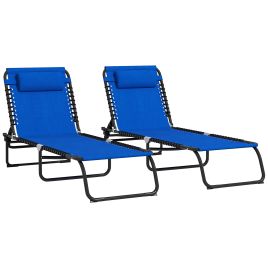 2 Pcs Folding Sun Lounger Beach Chaise Chair Garden Cot Camping Recliner with 4 Position Adjustable Blue