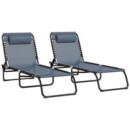 2 Pcs Folding Sun Lounger Beach Chaise Chair Garden Cot Camping Recliner with 4 Position Adjustable Grey