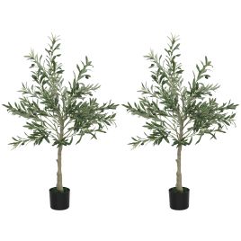 HERON Set of 2 4ft 120cm Decorative Artificial Plant Silk Olive Tree - Green