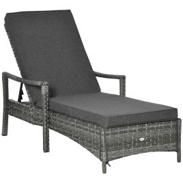 Patio Rattan Sun Lounger, Dual Wicker Weave Single Reclining Chair Furniture, Adjustable Backrest w/ Removable&Washable Cushion Mixed Grey