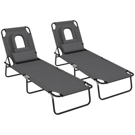 Jones 2-Pack Foldable Sun Lounger with Pillow and Reading Hole - Dark Grey
