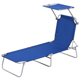 Reclining Chair Folding Lounger Seat Sun Lounger with Sun Shade Awning Beach Garden Outdoor Patio Recliner Adjustable, Blue
