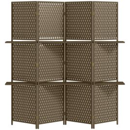 4-Panel Room Dividers with Shelves, Wave Fibre Freestanding Folding Privacy Screen Panels, Partition Wall Divider for Indoor Bedroom Brown