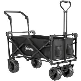 Folding Trolley Cart Storage Wagon Beach Trailer 4 Wheels with Handle Overhead Canopy Cart Push Pull for Camping, Black