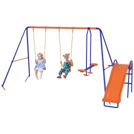 4 in 1 Metal Garden Swing Set with Double Swings Glider Slide Ladder Orange
