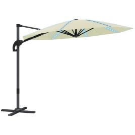 SUNVISTA 3(m) Cantilever Garden Parasol with Solar Powered Lights, Crank Handle & Cross Base, UPF 50+, 360degree Rotation, Cream