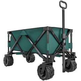 Outdoor Pull Along Cart Folding Cargo Wagon Trailer Trolley for Beach Garden Use with Telescopic Handle, Anti-Slip Wheel - Green