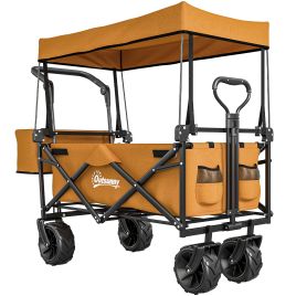 SUNVISTA Folding Trolley Cart Storage Wagon Beach Trailer 4 Wheels with Handle Overhead Canopy Cart Push Pull For Shopping Camping, Orange