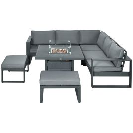 6-Piece Aluminium Garden Furniture Set, Outdoor Conversational Corner Sofa Loveseat Footstool Sectional w/Gas Fire Pit Table for Yard Grey