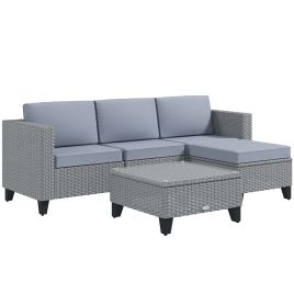 5-Piece Rattan Patio Furniture Set with Corner Sofa, Footstools, Coffee Table, for Poolside, Grey