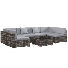 7 Pcs PE Rattan Garden Furniture Set w/ Thick Padded Cushion, Patio Corner Sofa Sets w/ Glass Coffee Table & Pillows, Mixed Grey