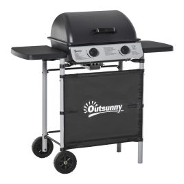 SUNVISTA 2 Burner Gas BBQ Trolley with Lid, 5.6 kW Gas Barbecue Grill with Wheels, Side Shelves, Grey