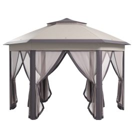 Hexagon Patio Gazebo Pop Up Gazebo Outdoor Double Roof Instant Shelter with Netting, 4m x 4m, Beige
