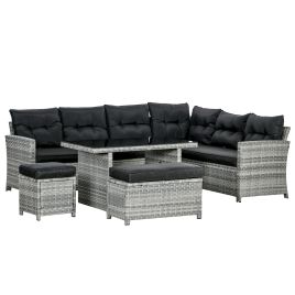 5-Piece Rattan Patio Furniture Set with Corner Sofa, Footstools, Glass Coffee Table, Cushions, Mixed Grey