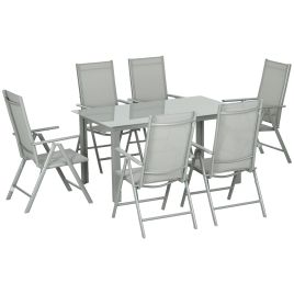 7 Piece Garden Dining Set, Outdoor Table and 6 Folding and Reclining Chairs, Aluminium Frame, Tempered Glass Top Table, Texteline Seats, Grey