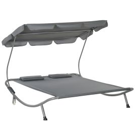 Patio Double Hammock Sun Lounger Bed w/ Canopy Shelter, Wheels & 2 Pillows, Grey