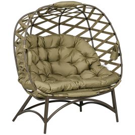 2 Seater Egg Chair Outdoor, Folding Weave Garden Furniture Chair with Cushion, Cup Pockets - Khaki