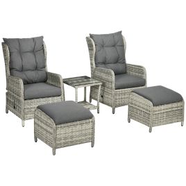 5 Pieces PE Rattan Sun Lounger Set, Outdoor Half-round Wicker Recliner Sofabed with Glass Top Two-tier Table and Footstools, Mixed Grey