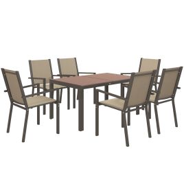 7 Pieces Garden Dining Set with Wood-plastic Composite Dining Table, Outdoor Table and 6 Stackable Armchairs with Texteline Seats and Backrest, Khaki