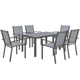 7 Pieces Garden Dining Set with Wood-plastic Composite Dining Table, and 6 Stackable Armchairs with Breathable Mesh Fabric