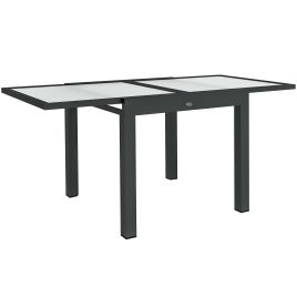SUNVISTA Extending Garden Table, Outdoor Dining Table with Aluminium Frame and Tempered Glass Tabletop, 80/160 x 80 x 75 cm, Black and Clear