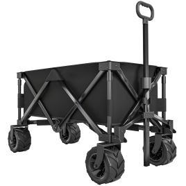 Outdoor Folding Garden Trolley on Wheels, Capming Cargo Wagon Cart Trailer w/ Handle, Wheels for Beach Garden, Black