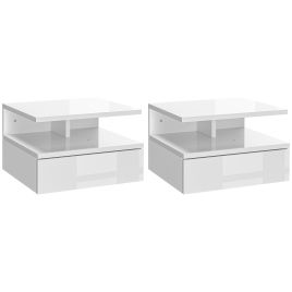HERON Set of Two Floating High Gloss Bedside Tables - White