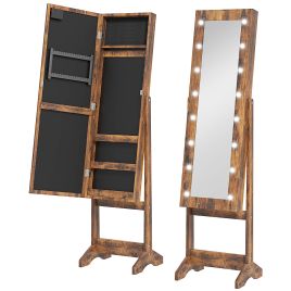 HERON Freestanding Mirror Jewelry Cabinet LED Lights Jewellery Organiser - Rustic Brown