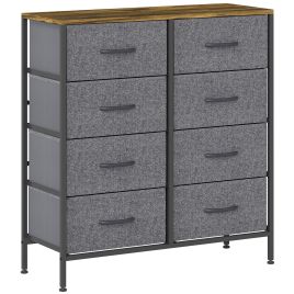 JAPRIS Grey Chest of Drawers - Medium-sized, 8 Drawers, Double, Fabric Drawers - Black Frame Dark Oak Top