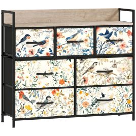 DWELVA Multi Colour Chest of Drawers - Medium-sized, 7 Drawers, Fabric Drawers - Bird Print