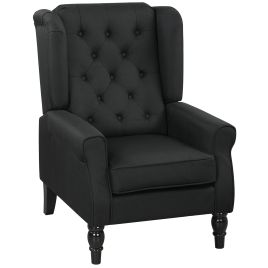 HERON Retro Accent Chair Linen Wingback Armchair Wood Frame Button Tufted - Black