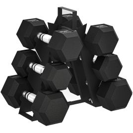 SPORTEDGE Hex Dumbbell Set Weights Storage Rack Rubber Coated Non Slip Handles - Black