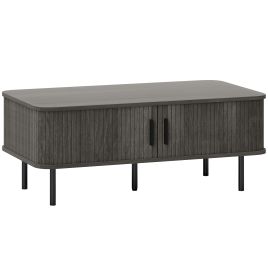 HERON Coffee Table with Storage Slatted Tambour Sliding Doors Foot Pads - Grey Wood Effect