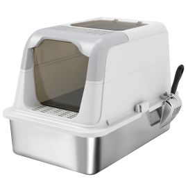 PAWSTER Extra Large Stainless Steel Litter Box Enclosed Tray Scoop Deodorizer - White