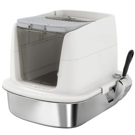 PAWSTER Large Stainless Steel Litter Box Enclosed Metal Tray Scoop Deodoriser - White